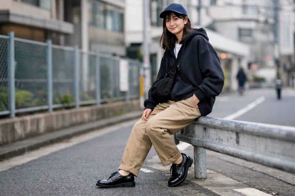 サービスシューズをストリートファッションに組み込む女性