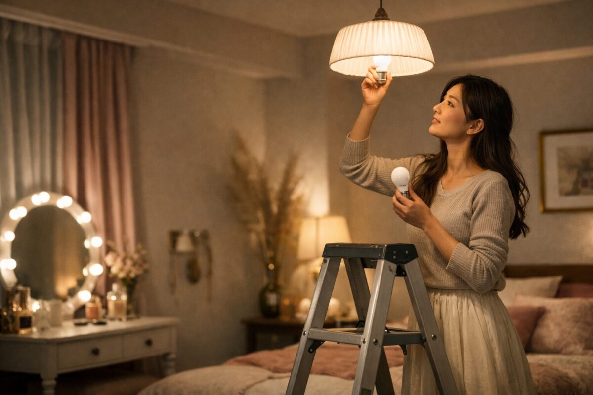 電球を交換している女性