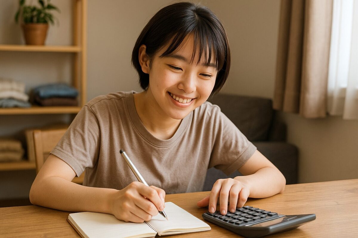 古着やネット物販の利益計算を行う様子(電卓・ノートPC・衣類・段ボールのイメージ)