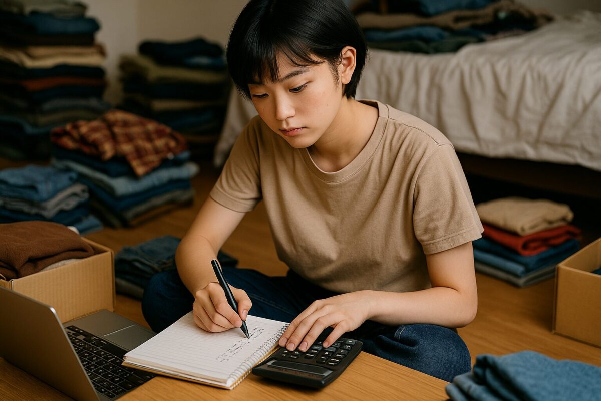 古着古着に囲まれた部屋で計算する女性
