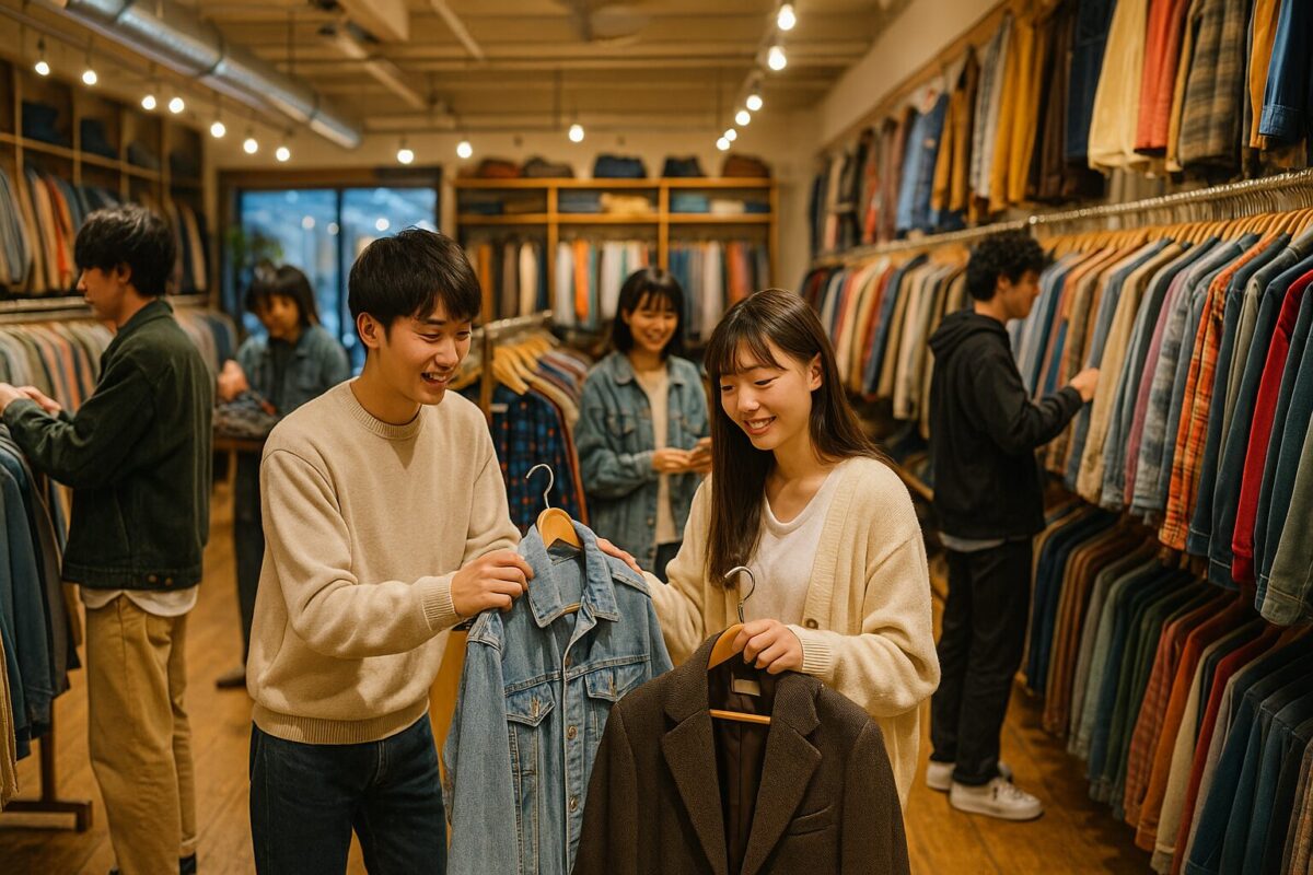 古着屋で商品を手に取りながら楽しそうに買い物する日本人の若者たち