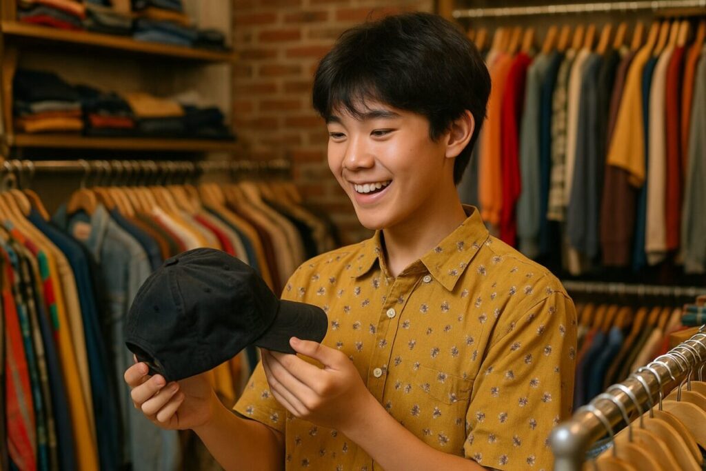 男性が、古着屋でキャップを手に取っている様子