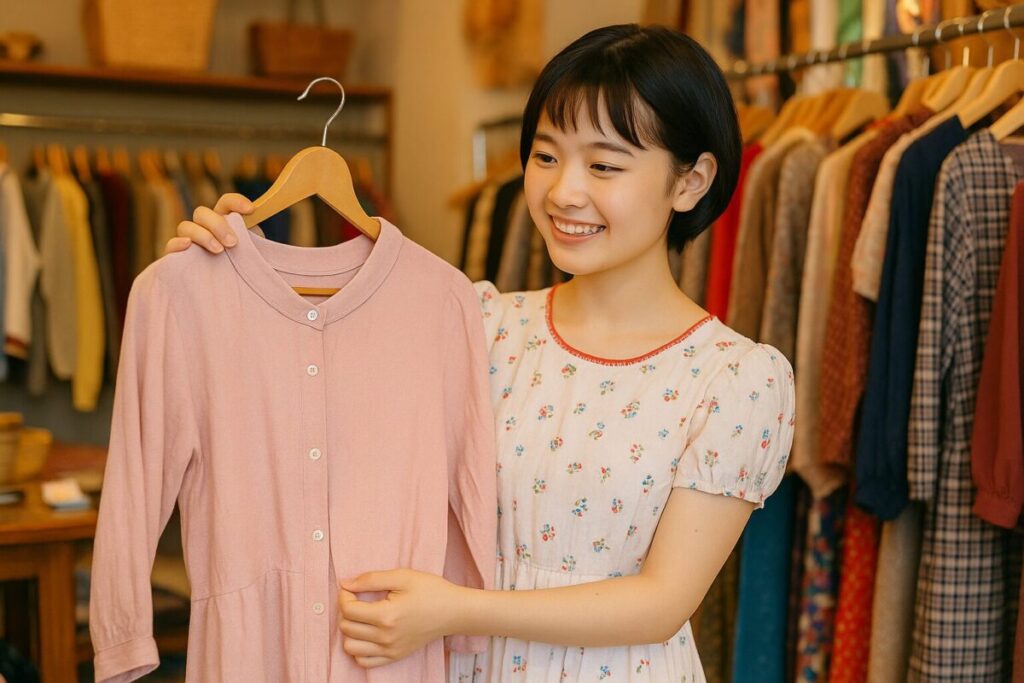 ワンピースを着た女性が、古着屋でピンクのワンピースを手に取っている様子