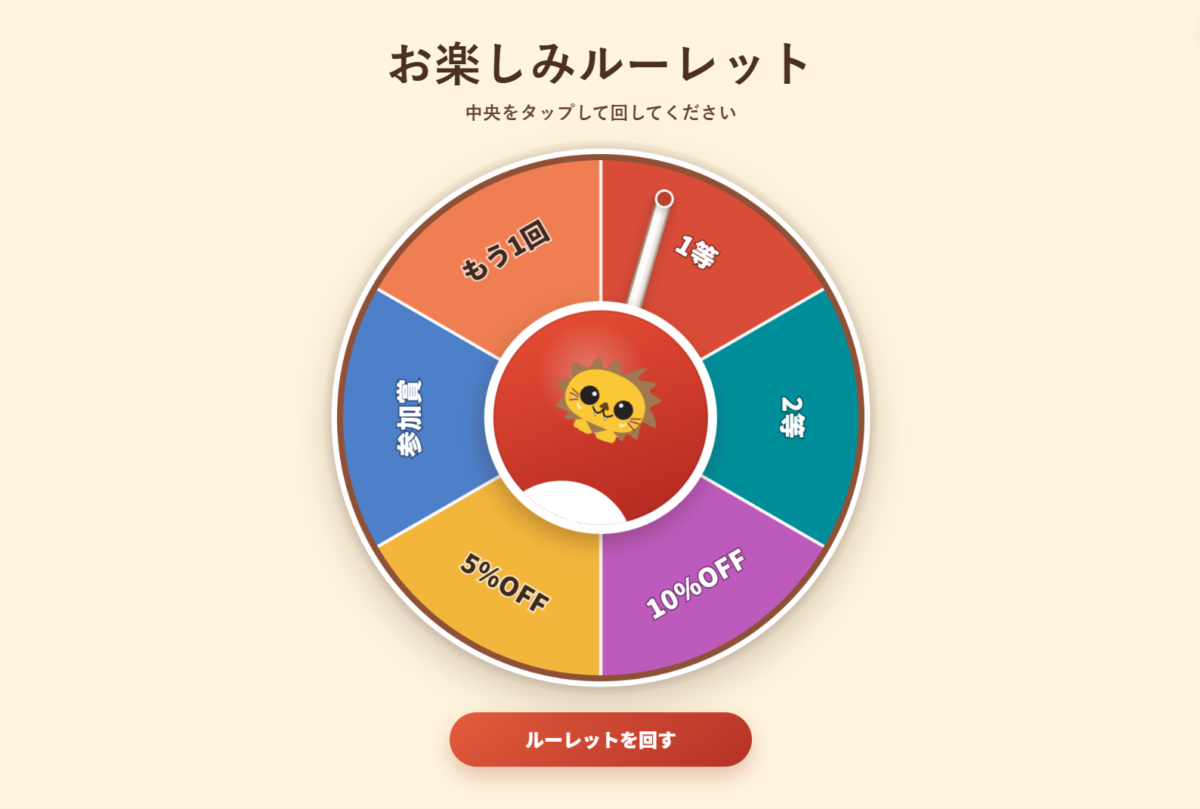 1等、2等、割引、参加賞、もう一回を設定した店舗イベント用デジタルルーレット