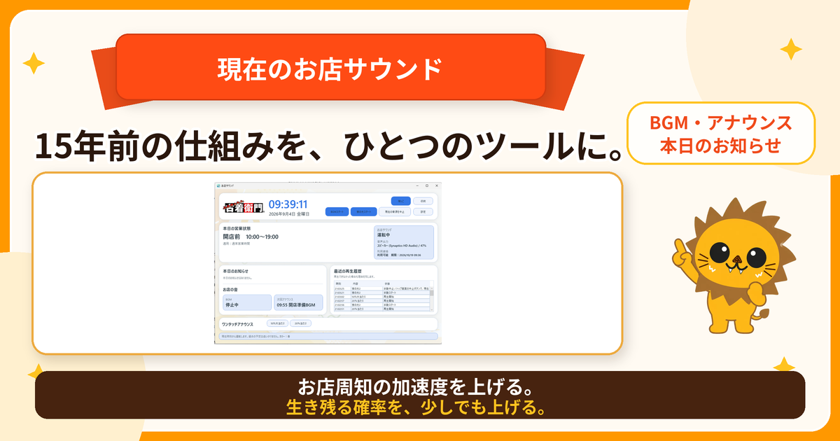 現在のお店サウンド。BGM、アナウンス、本日のお知らせなどを一つの画面で管理