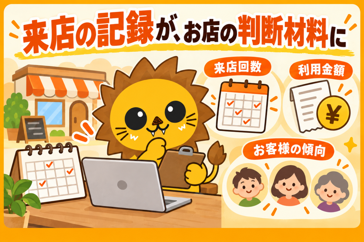 来店回数・利用金額・お客様の傾向を、店舗の記録から確認するイメージ