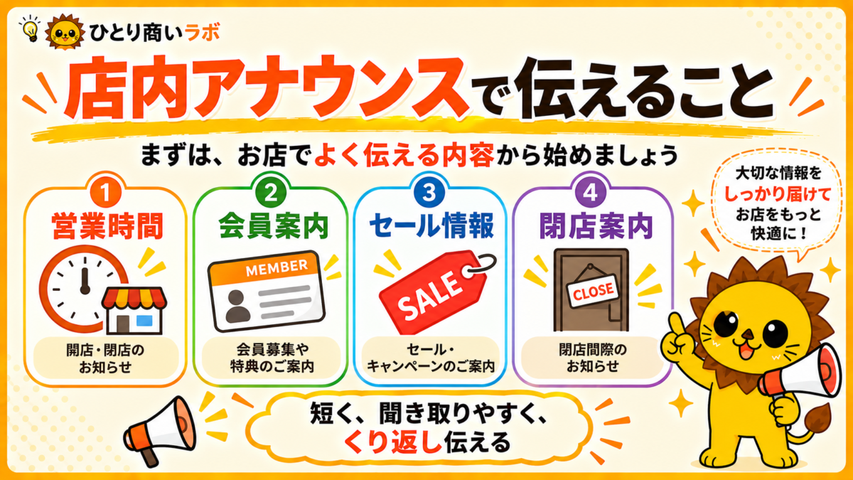 店内アナウンスの活用例。営業時間・会員案内・セール情報・閉店案内を紹介