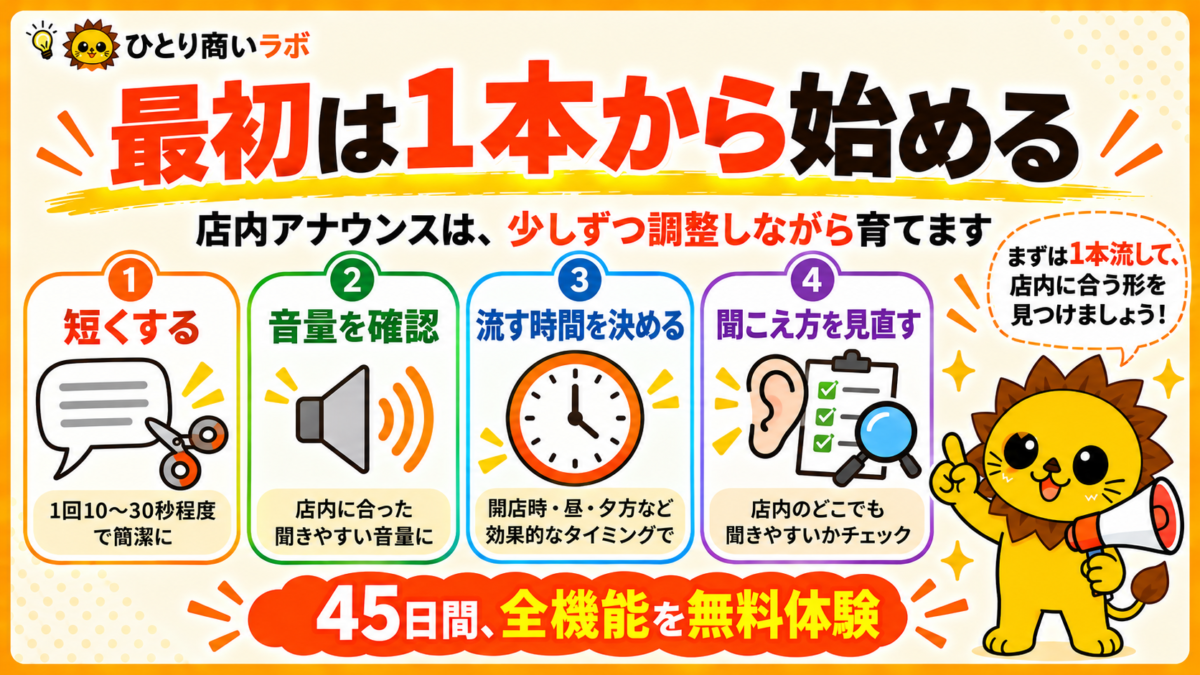 店内アナウンスを1本から始め、音量や放送時間を調整するポイント