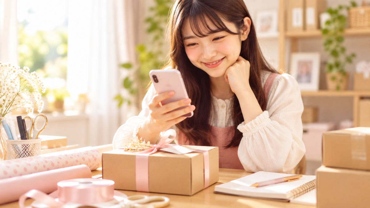 フェミニンな服装の日本人女性が笑顔でスマートフォンを確認する様子