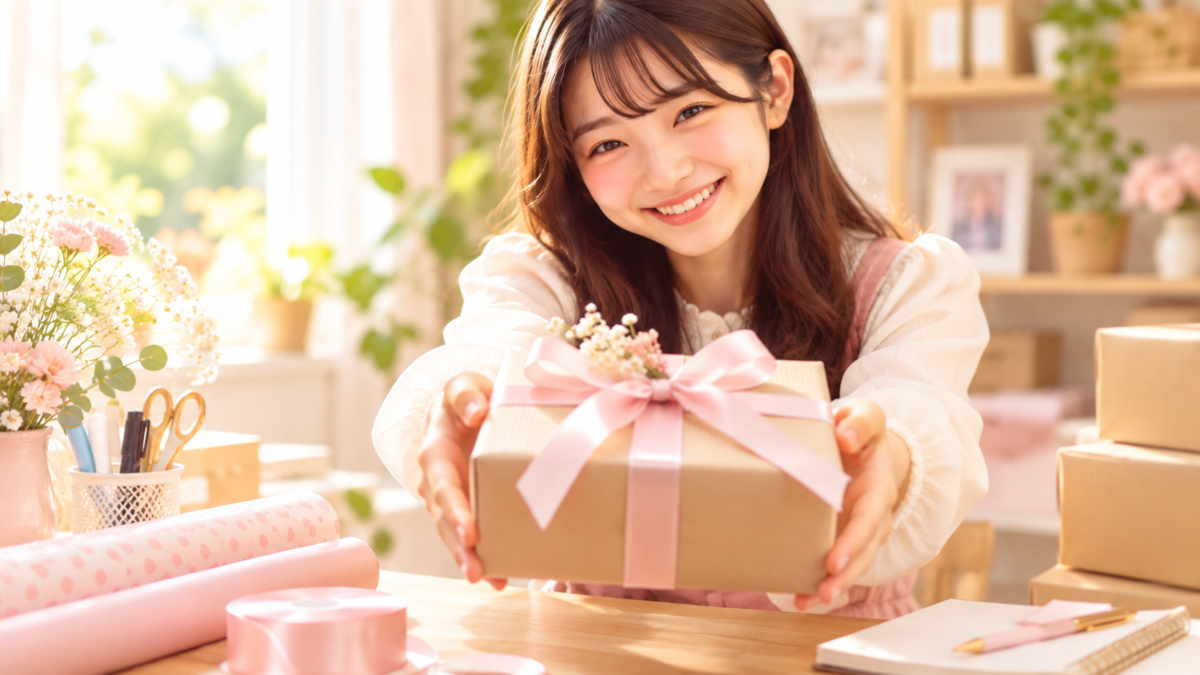 フェミニンなファッションの日本人女性が笑顔でリボン付きの箱を差し出す様子
