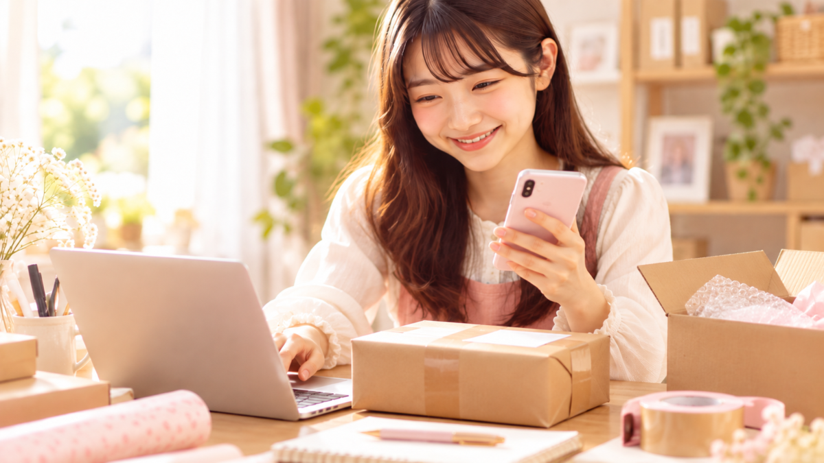 日本人女性が笑顔でスマートフォンとパソコンを使い、発送業務を進めている様子