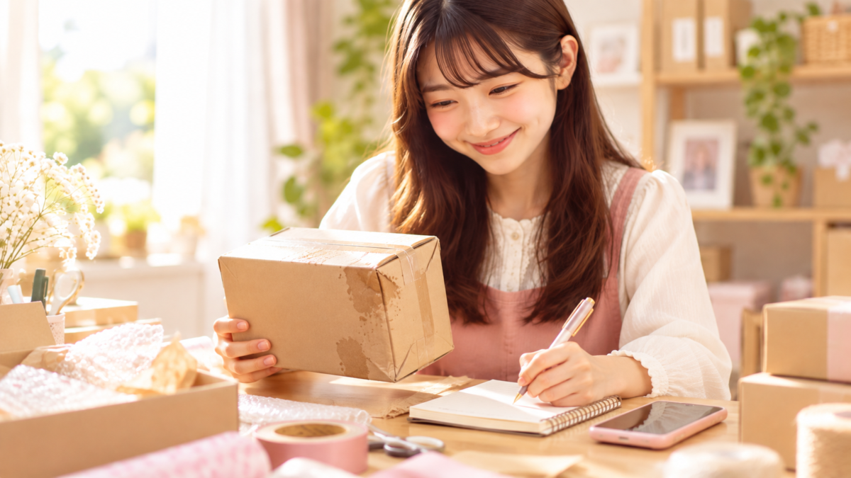 日本人女性が水濡れの跡がある配送用段ボールを確認し、ノートに記録する様子