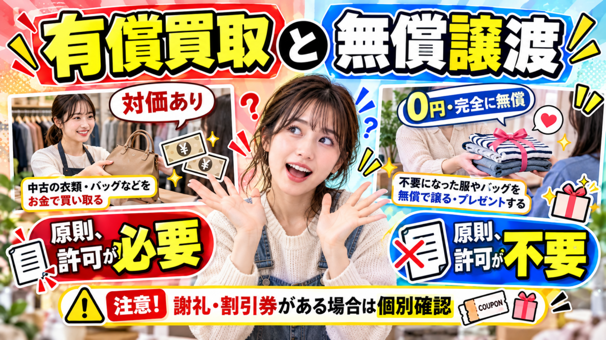 中古品の有償買取と完全な無償譲渡の違い。謝礼や割引券などの対価がある場合には個別確認が必要