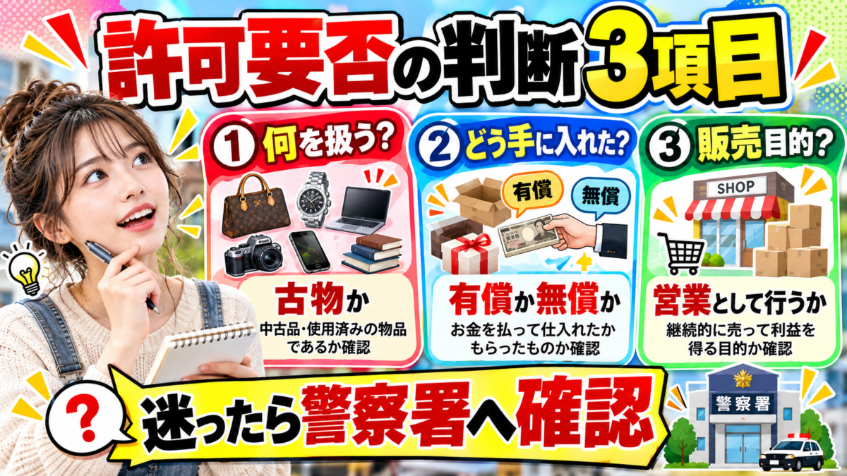 古物商許可の判断に必要な3項目。古物に該当するか、どのように入手したか、営業として販売するかを確認