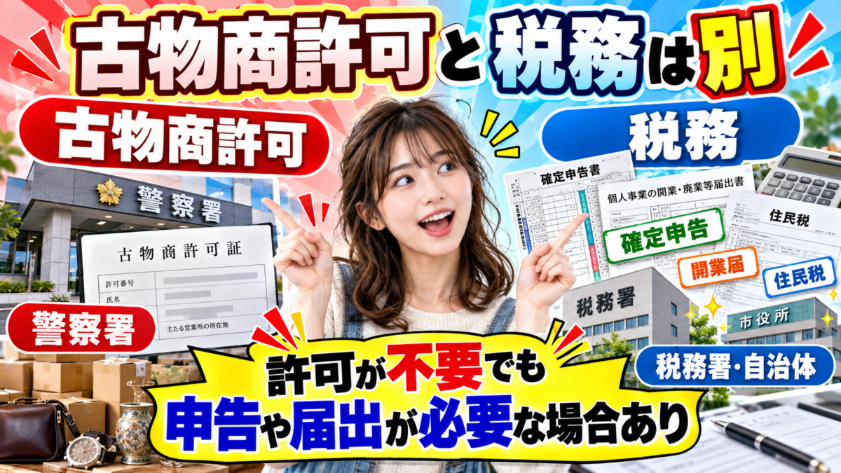 古物商許可と税務手続きは別制度。許可は警察署、確定申告と開業届は税務署、住民税の申告は自治体が窓口