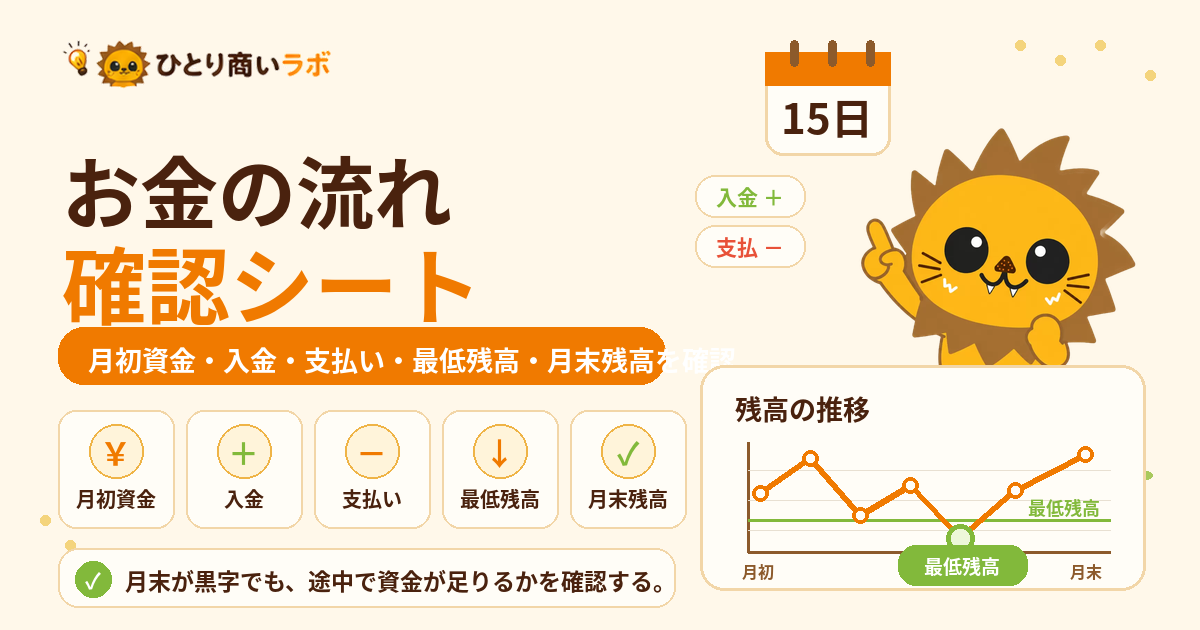 お金の流れ確認シートを、月初資金、入金、支払い、最低残高、月末残高、残高推移グラフとらいるんで表したオリジナル画像