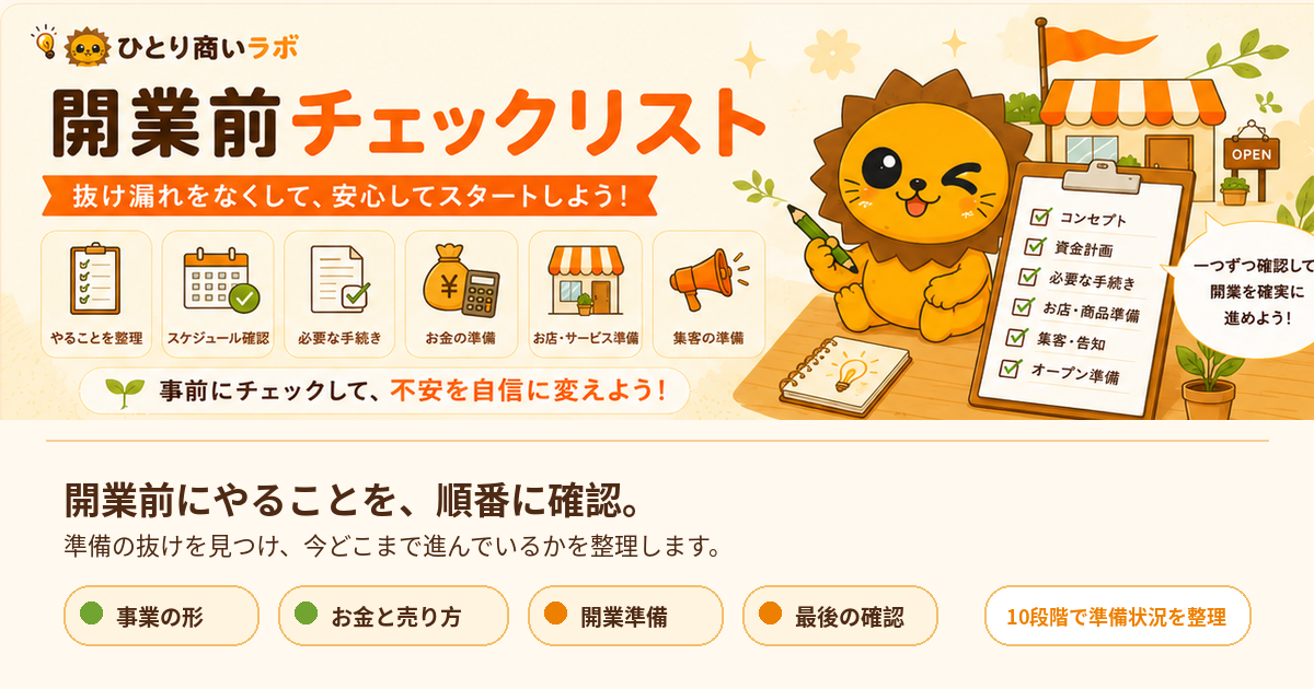 開業前チェックリストを、確認項目のボード、準備テーマ、店舗とらいるんで表したオリジナル画像